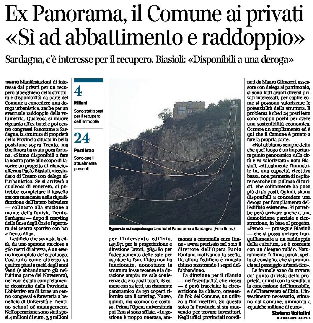 Sardagna, ex Panorama: il Comune ai privati “sì all’abbattimento e raddoppio”