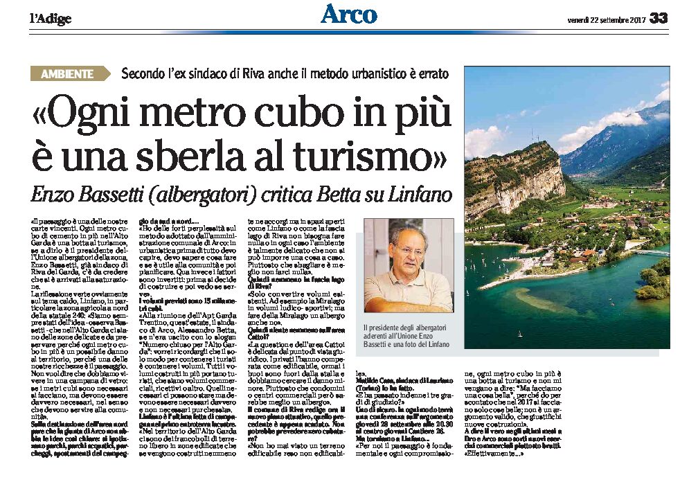 Linfano: l’ex sindaco di Riva Bassetti “ogni metro cubo in più una sberla al turismo
