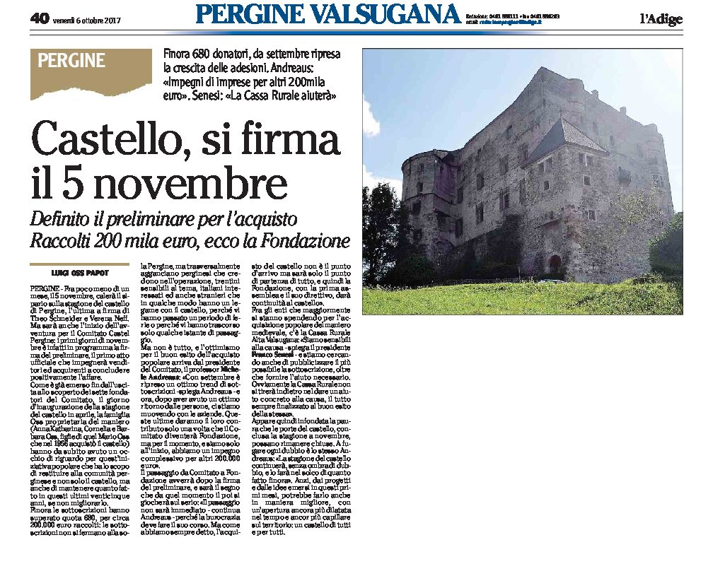 Pergine, Castello: si firma il 5 novembre