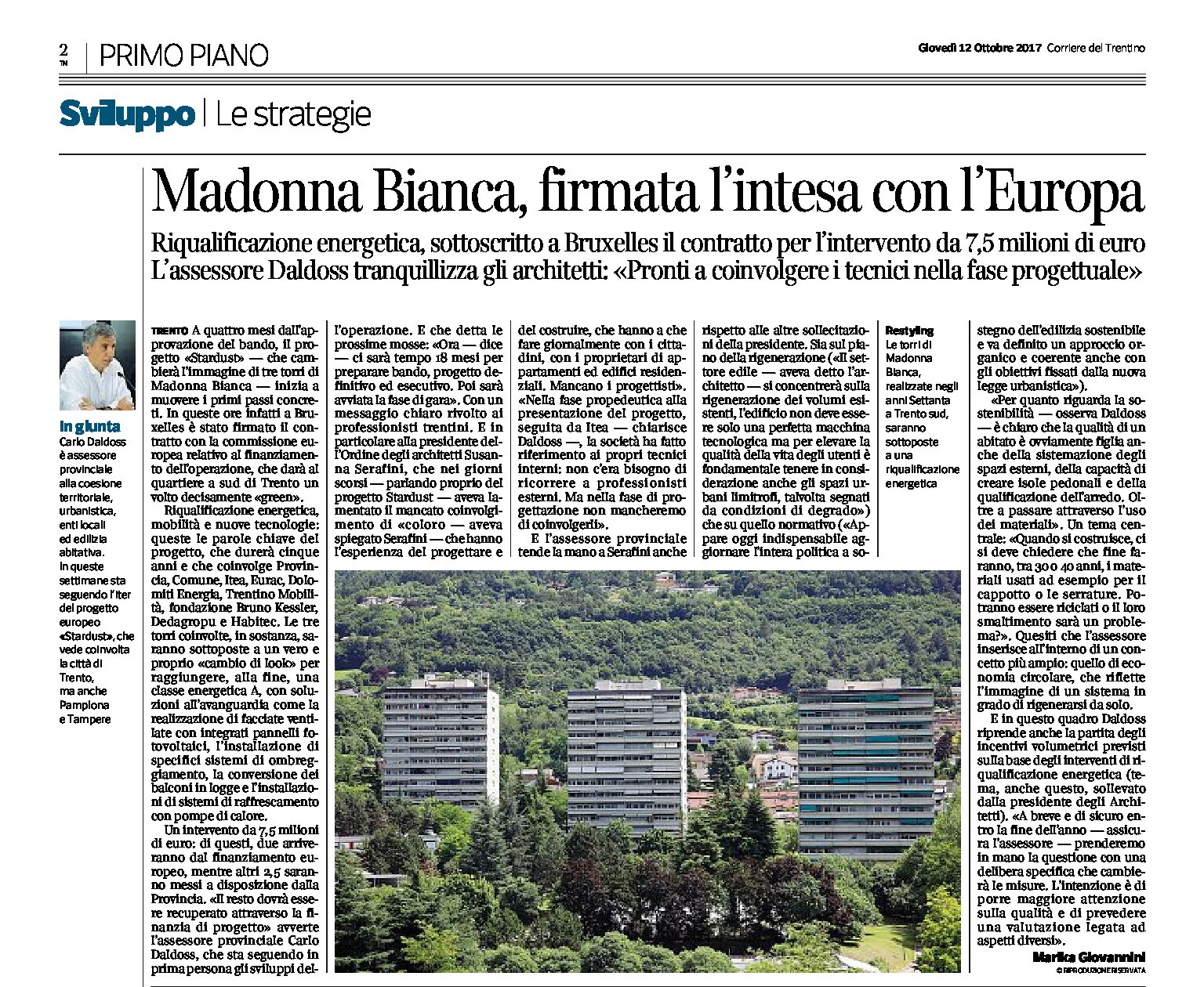 Trento, Madonna Bianca: firmata l’intesa con l’Europa per la riqualificazione energetica, progetto “Stardust”