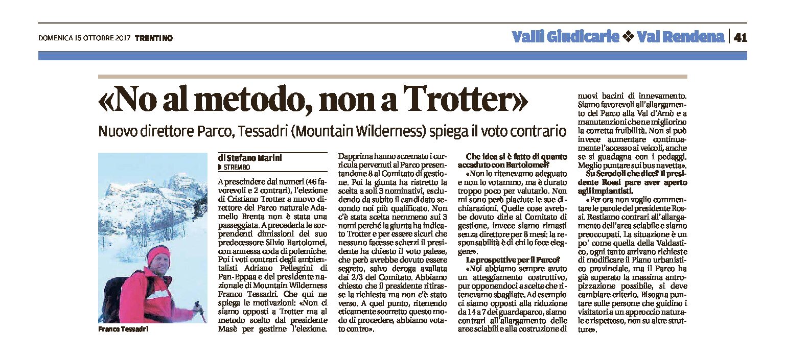 Parco Adamello Brenta, nuovo direttore: Tessadri spiega il suo voto contrario “al metodo, non a Trotter”
