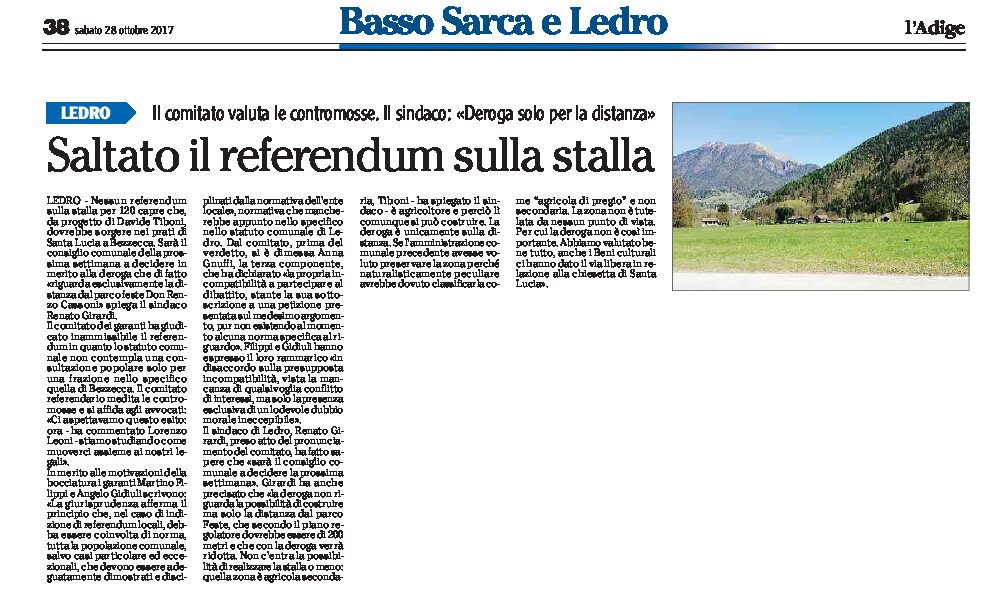 Ledro, Santa Lucia: saltato il referendum sulla stalla