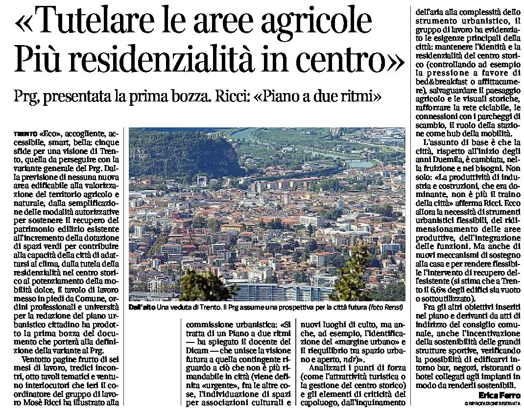 Trento, Prg: presentata la prima bozza “tutelare le aree agricole e più residenzialità in centro”