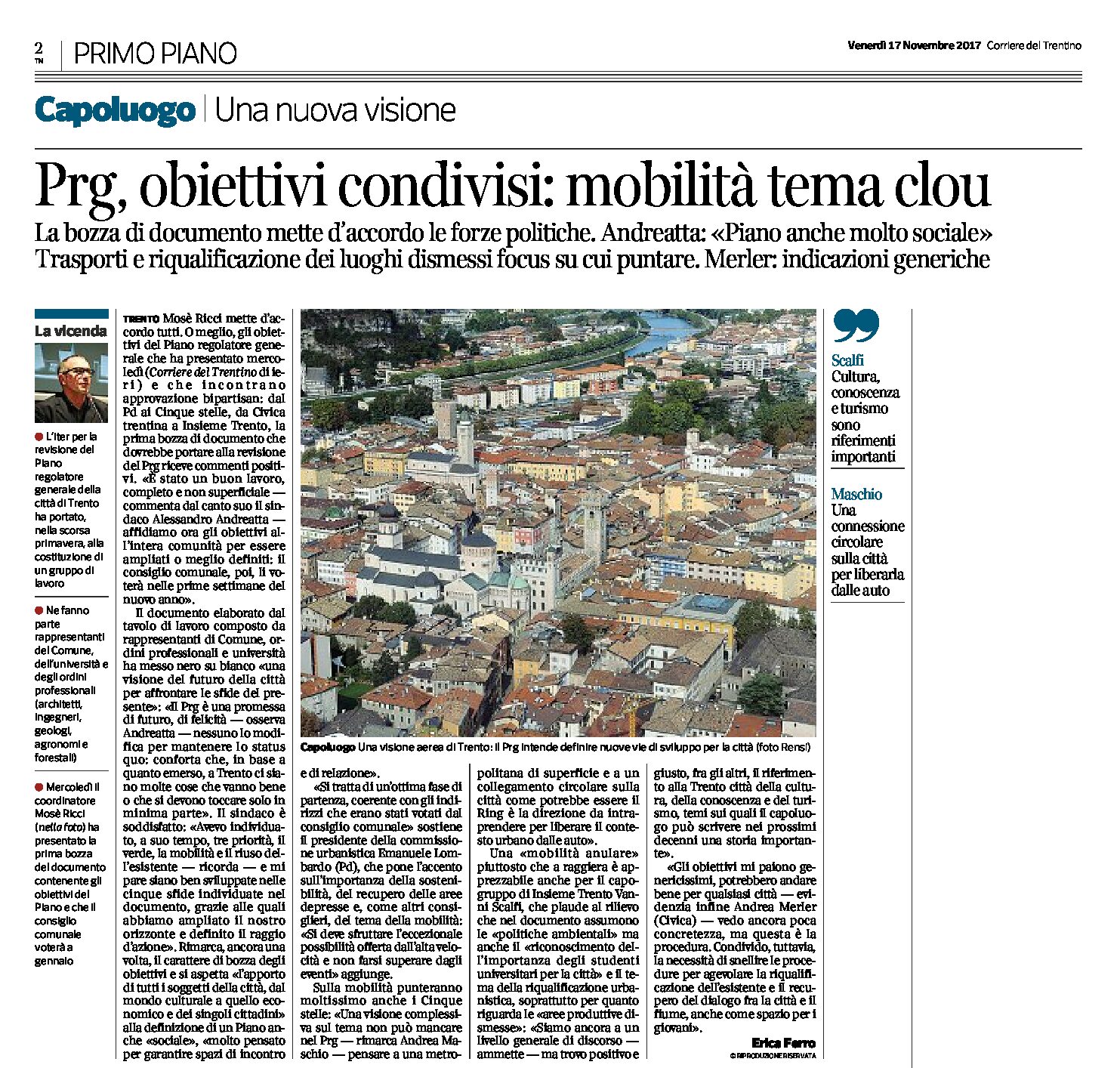 Trento, Prg: obiettivi condivisi, mobilità tema clou