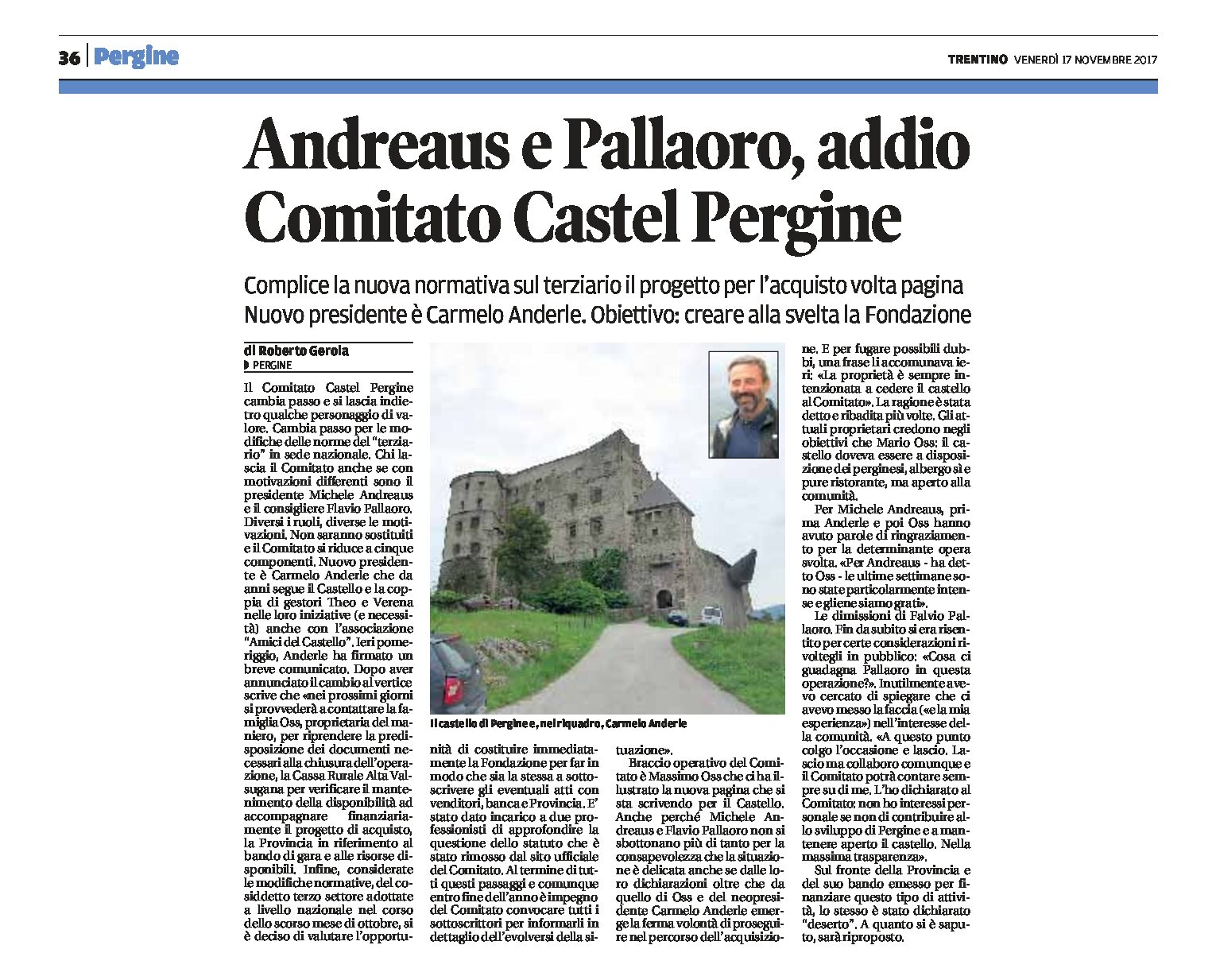Pergine, Castello: Andreaus e Pallaoro addio. Anderle è il nuovo presidente del Comitato