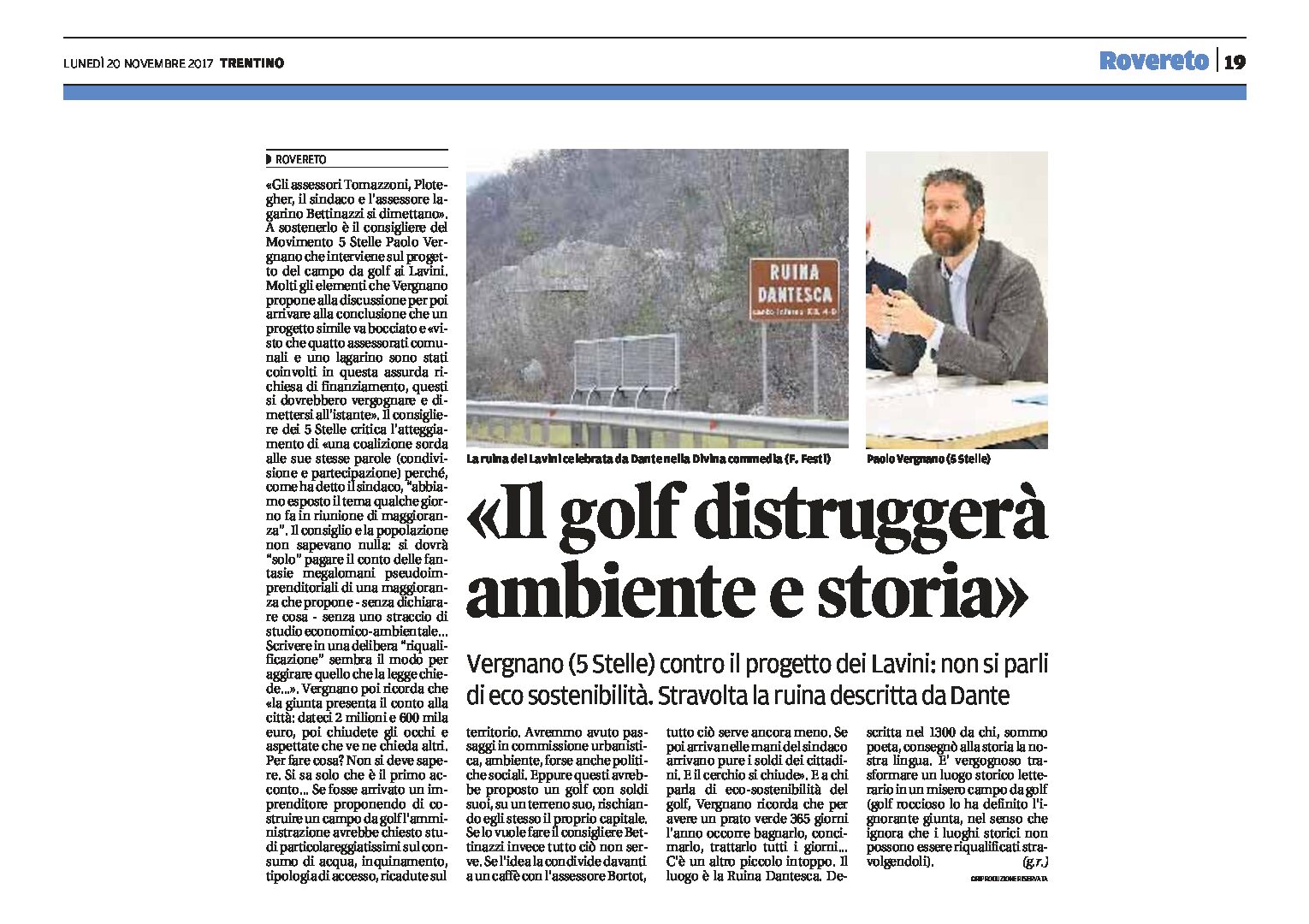 Rovereto, Lavini: il golf distruggerà ambiente e storia. Vergnano contro il progetto