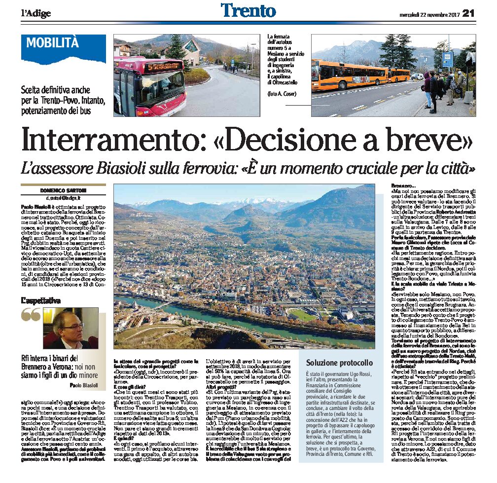 Trento, ferrovia: interramento “decisione a breve”