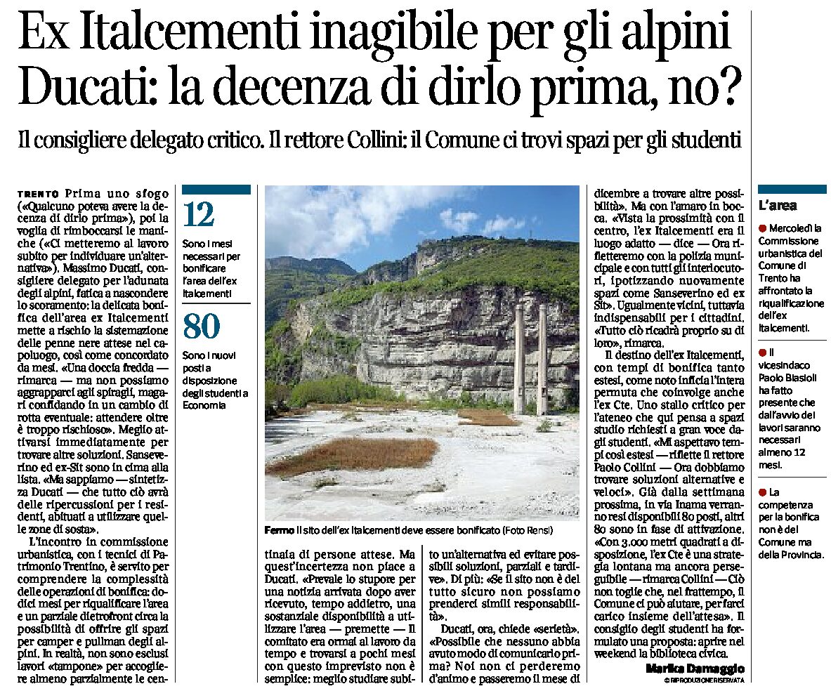 Trento, ex Italcementi: inagibile per gli alpini.