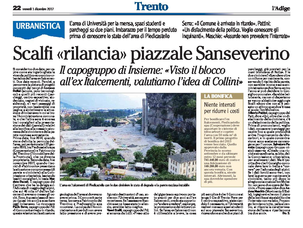 Trento, piazzale Sanseverino: Scalfi “valutiamo l’idea di Collini”