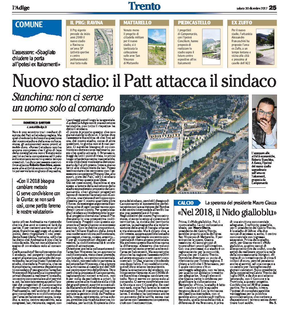 Trento, nuovo stadio: il Patt attacca il sindaco