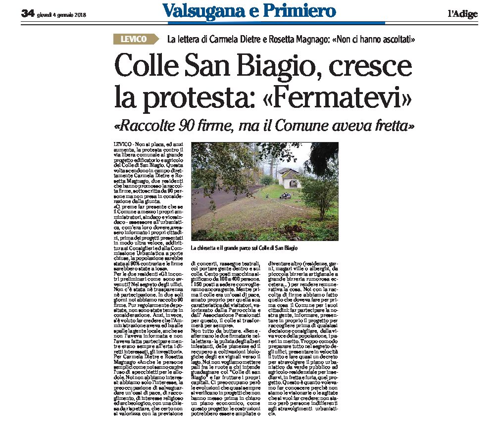 Levico, San Biagio: cresce la protesta “fermatevi”