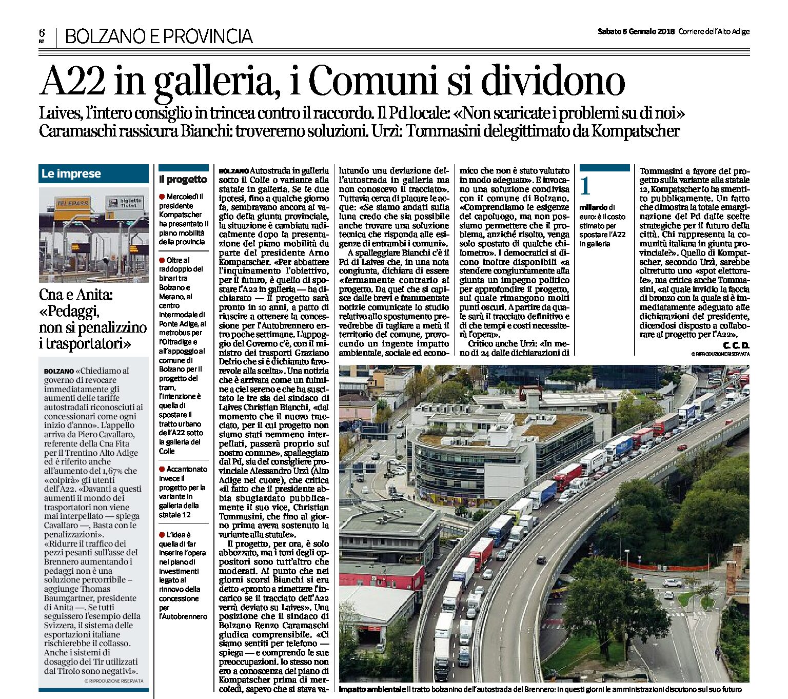 Bolzano: A22 in galleria, i Comuni si dividono. Contrario il sindaco di Laives