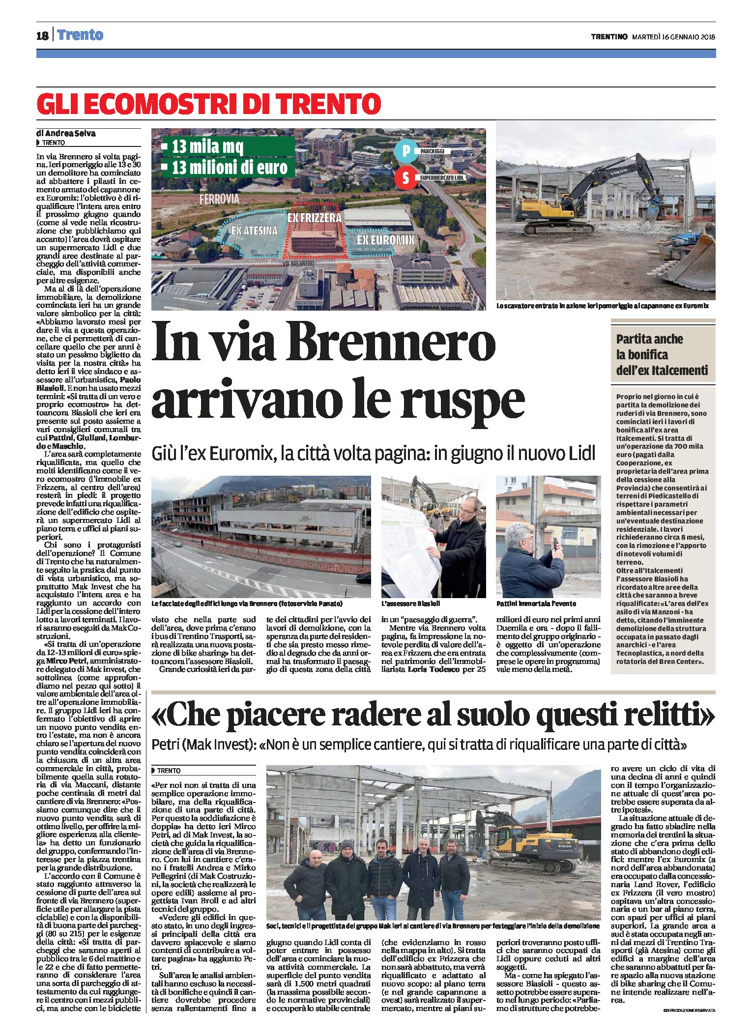 Trento, via Brennero: al via la demolizione di ex Frizzera ed ex Euromix