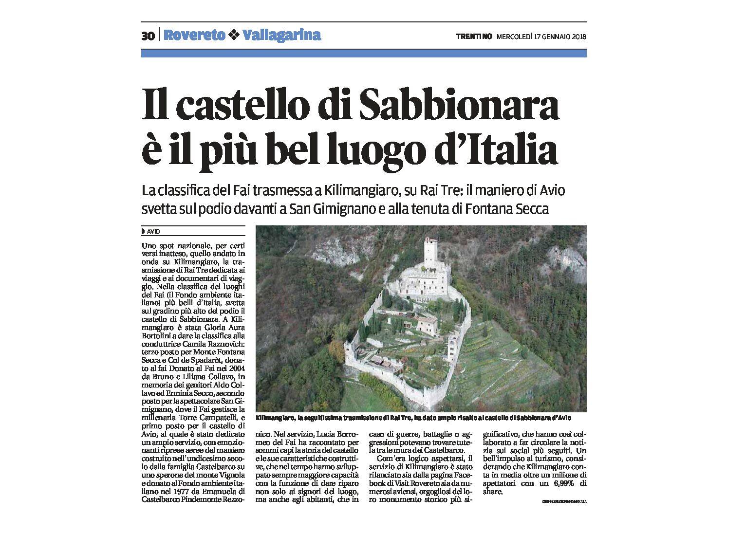 Avio: il Castello di Sabbionara è il più bel luogo d’Italia. Classifica del Fai su Rai Tre