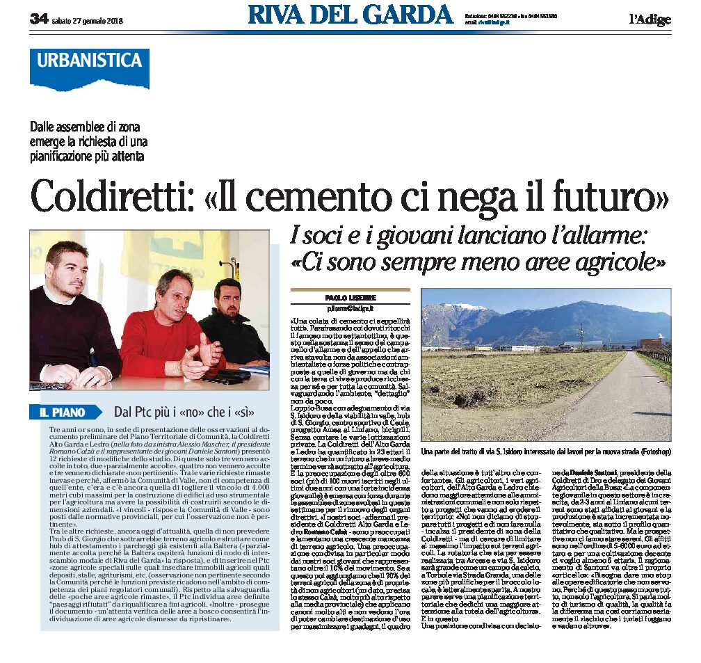Alto Garda, Coldiretti: il cemento ci nega il futuro. Ci sono sempre meno aree agricole