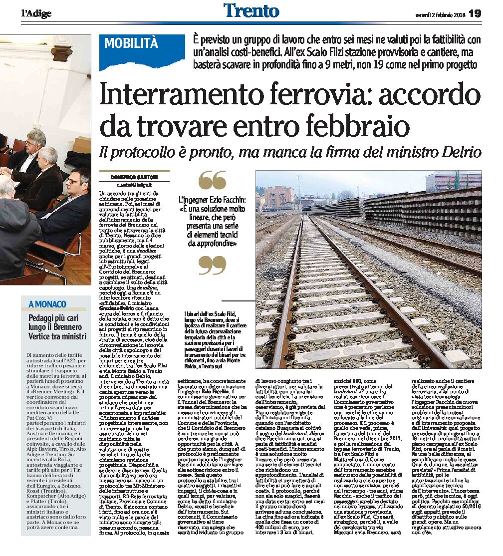 Trento, interramento ferrovia: accordo da trovare entro febbraio