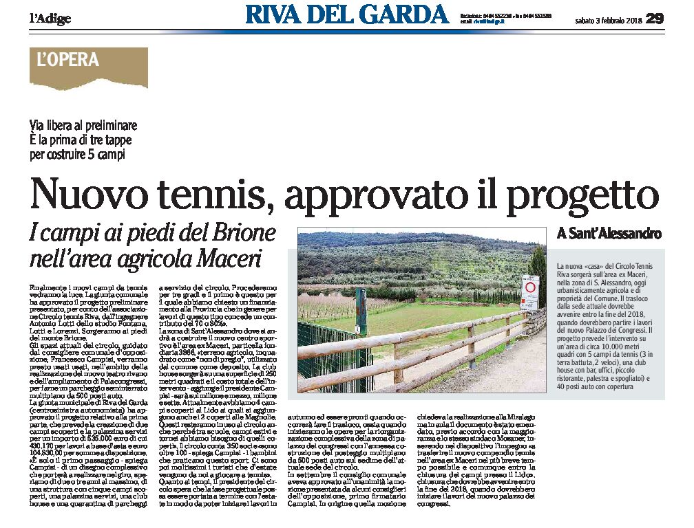 Riva, Sant’Alessandro: approvato il progetto per i nuovi campi da tennis ai piedi del monte Brione