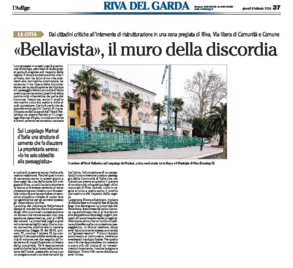 Riva, Hotel Bellavista: un muro di cemento che fa discutere