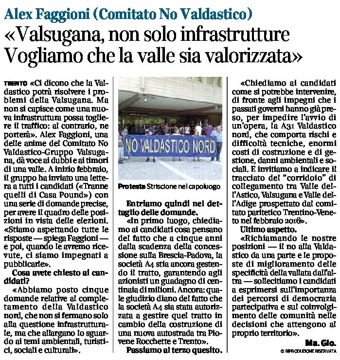 Comitato No Valdastico: Valsugana “vogliamo che la valle sia valorizzata”