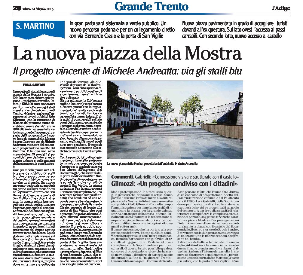 Trento, piazza Mostra: ha vinto il progetto dell’architetto Andreatta