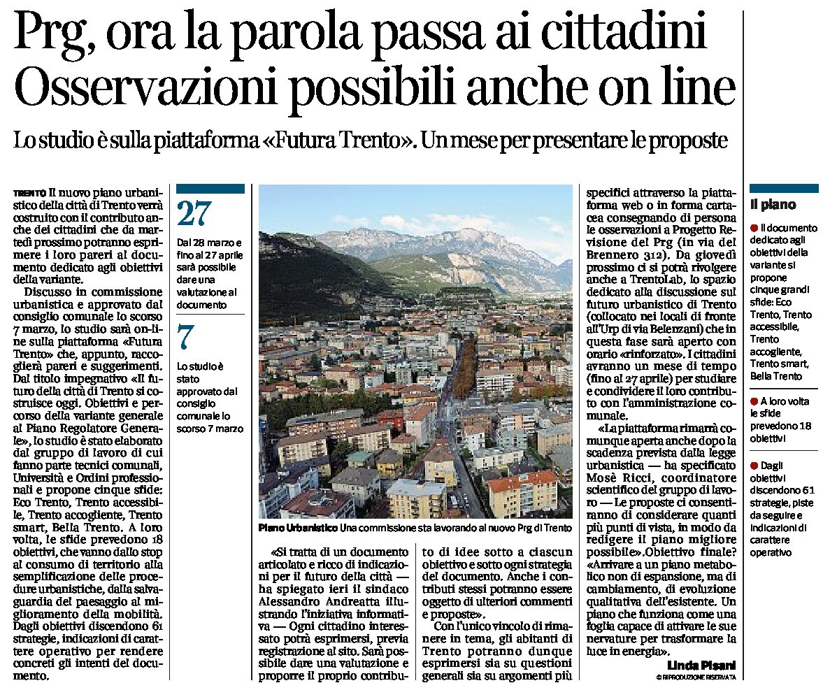 Trento, Prg: ora la parola passa ai cittadini. Un mese per le proposte, anche on line