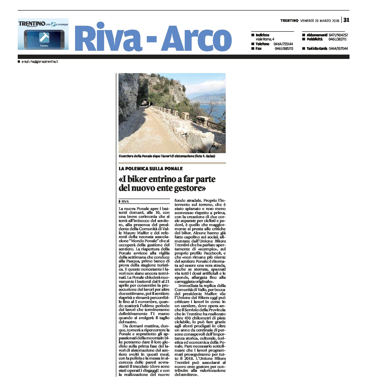 Riva, sentiero della Ponale: l’Unione Bikers Trentini parla di “scempio”