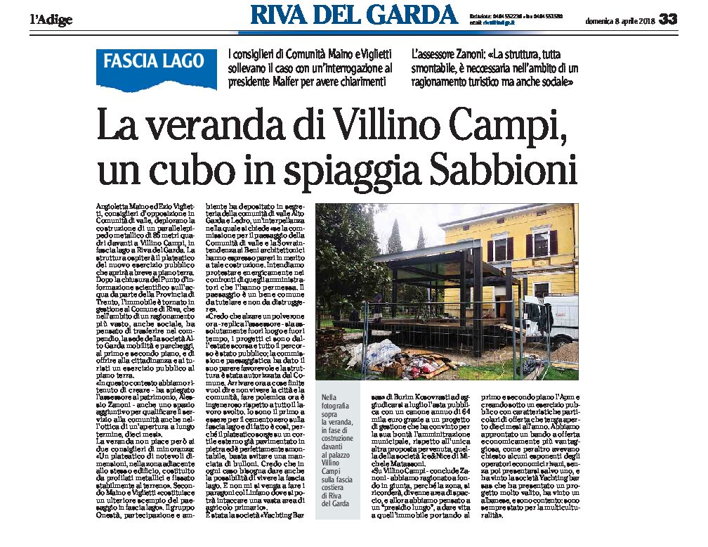 Riva, fascia lago: la veranda di Villino Campi, un cubo in spiaggia Sabbioni