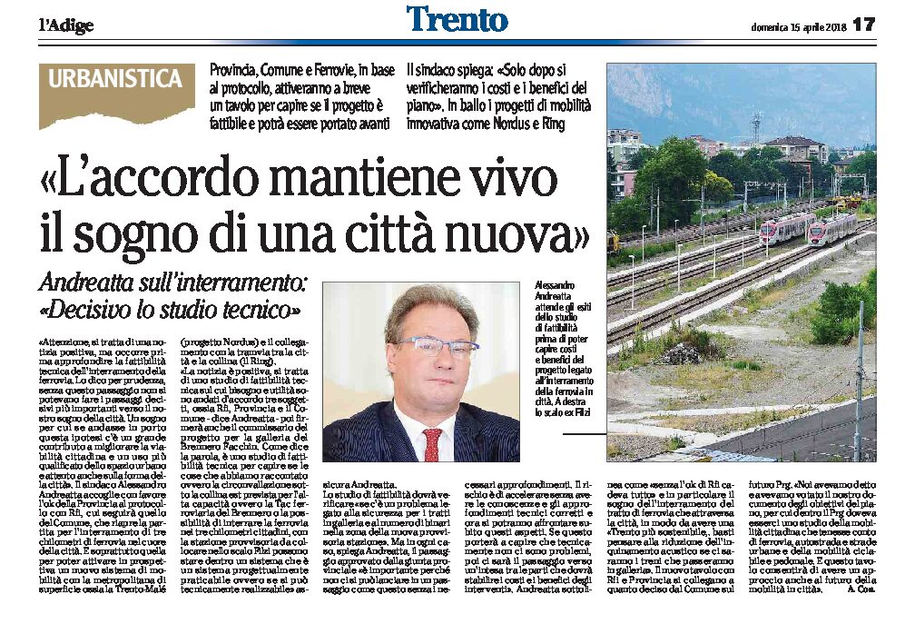 Trento, ferrovia: per l’interramento “decisivo lo studio tecnico”