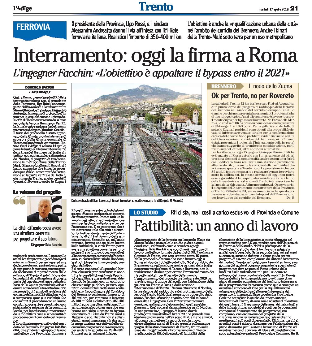 Trento, ferrovia: per l’interramento, oggi la firma a Roma