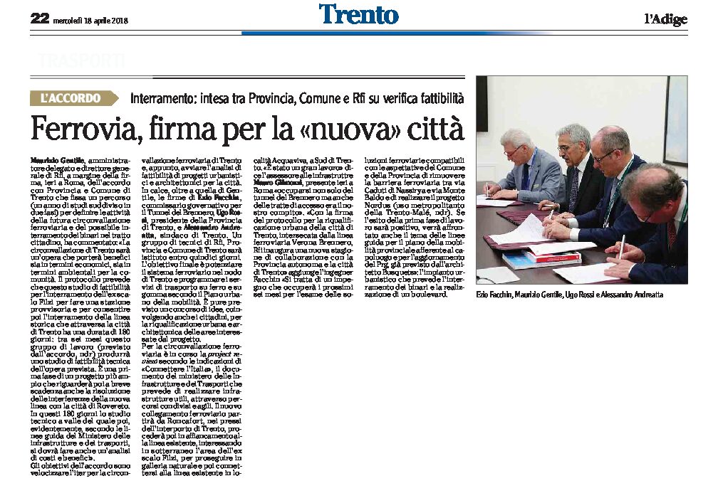Trento: l’interramento ferroviario, firma per la “nuova” città