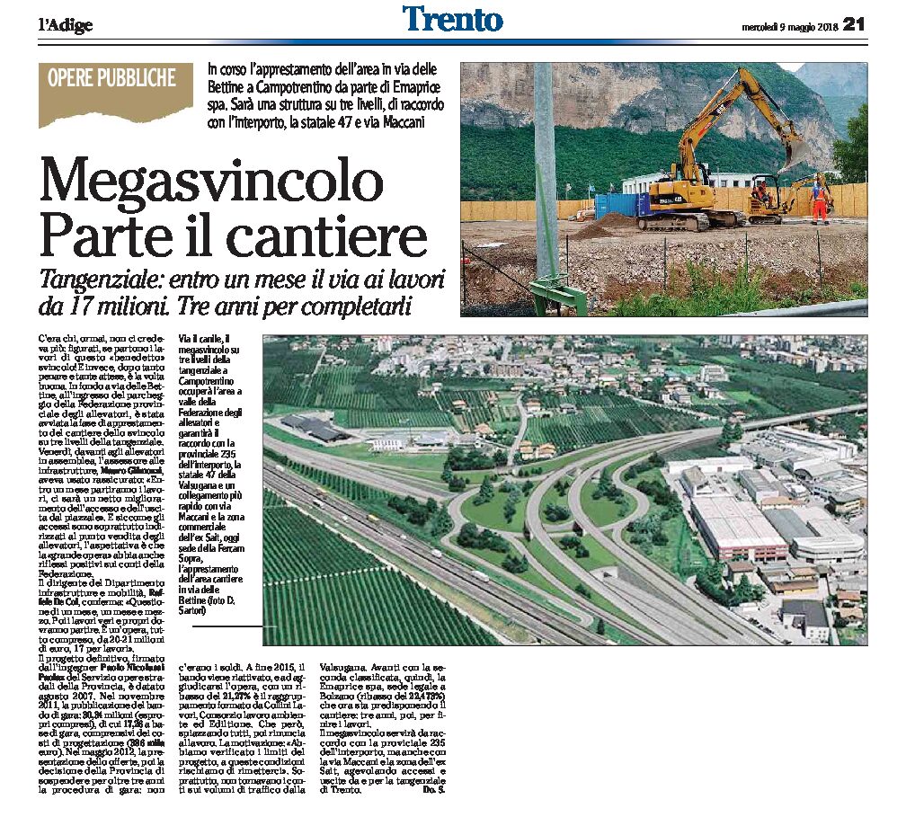 Trento, Campotrentino: megasvincolo, parte il cantiere. Sarà una struttura su tre livelli