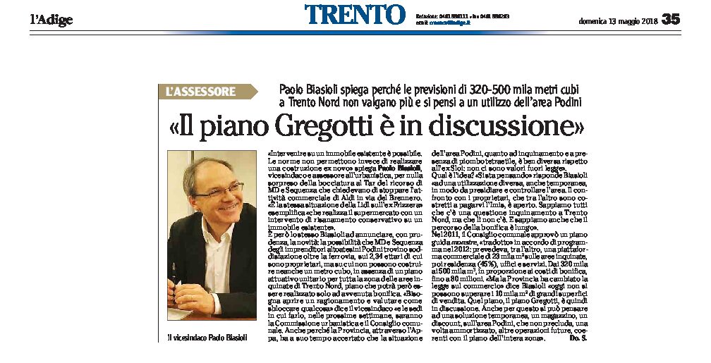 Trento: Assessore Biasioli “il piano Gregotti è in discussione”