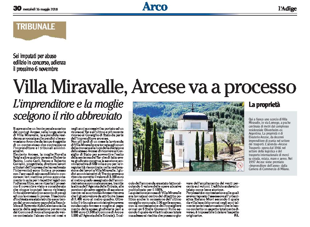 Arco, Villa Miravalle: Arcese va a processo