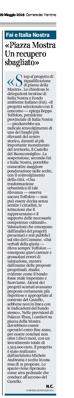 Trento, piazza Mostra: “stop al progetto di riqualificazione” da Italia Nostra e Fai