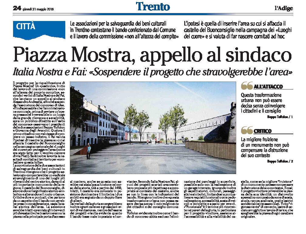Trento, piazza Mostra: appello al sindaco “sospendete il progetto che stravolgerebbe l’area”