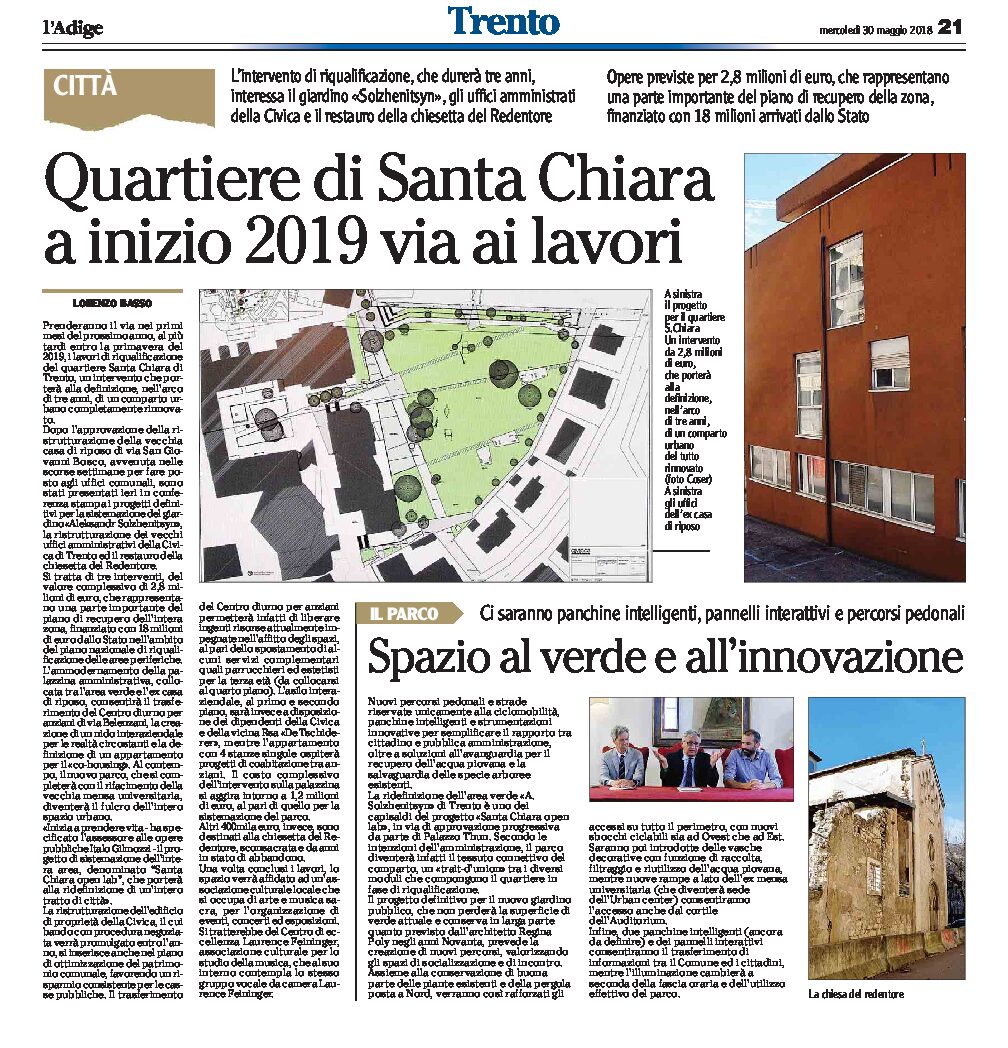 Trento, area S. Chiara: via ai lavori a inizio 2019