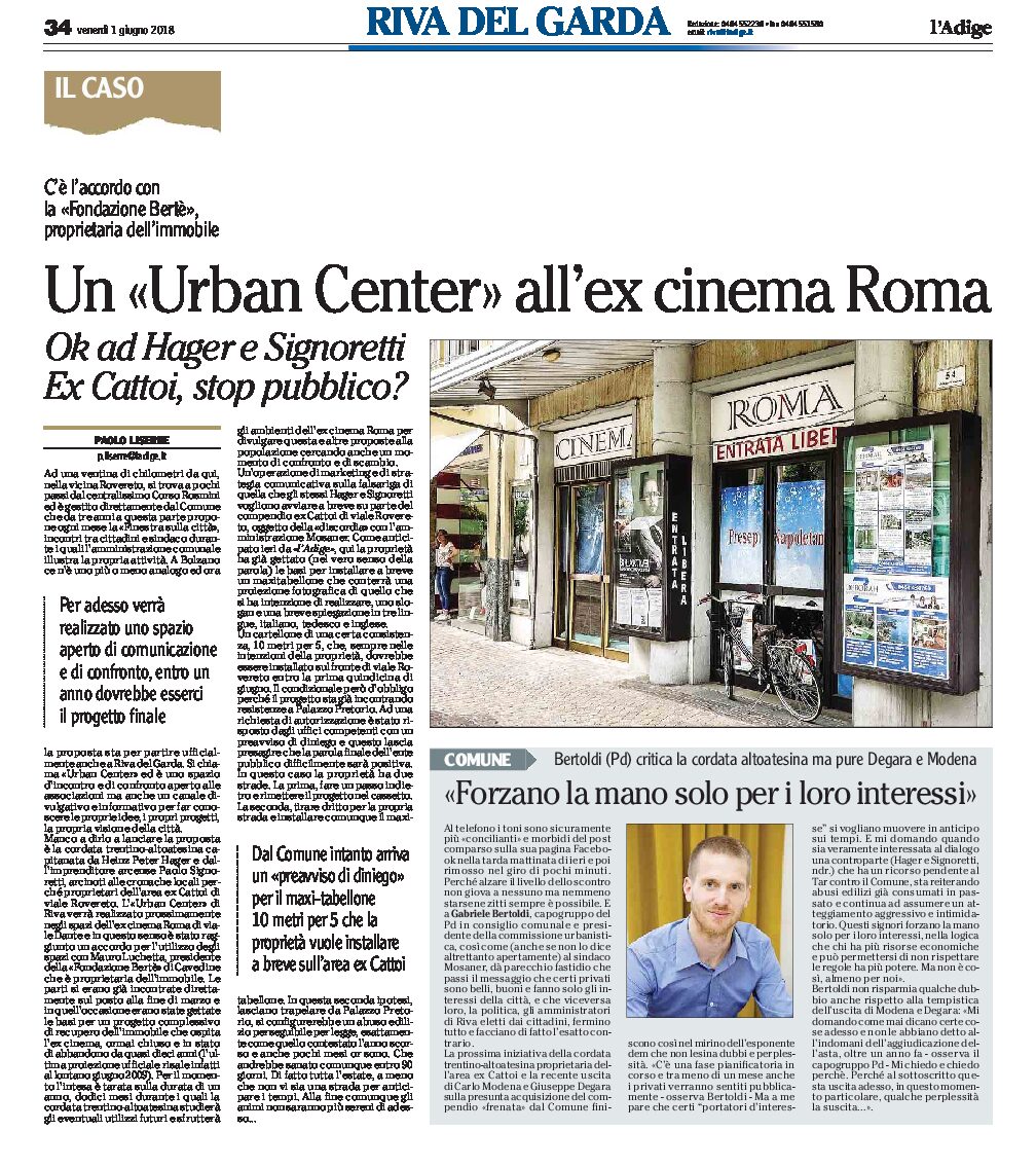 Riva: un “Urban Center” all’ex cinema Roma. Ok a Hager e Signoretti dalla Fondazione Bertè proprietaria dell’immobile