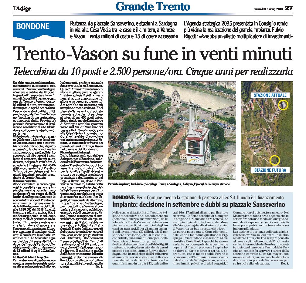 Bondone: funivia Trento-Vason, decisione in settembre