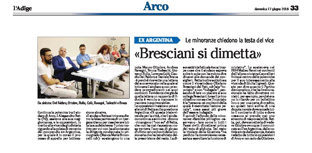 Arco, ex Argentina: le minoranze “Bresciani si dimetta”