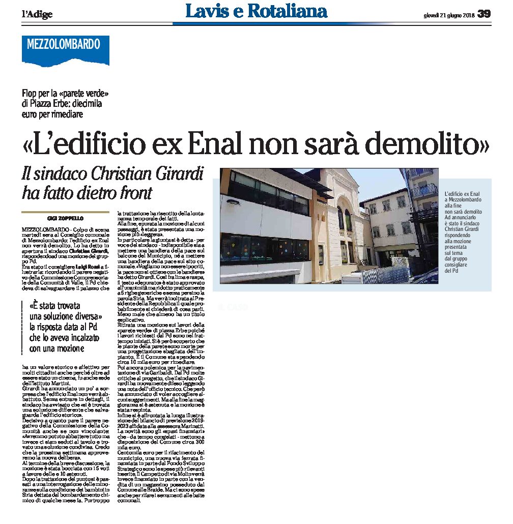 Mezzolombardo: l’edificio ex Enal non sarà demolito