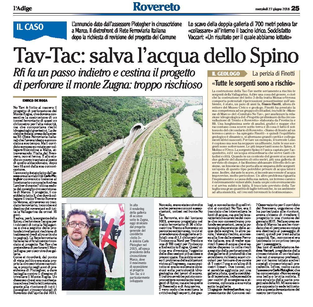 Rovereto, Tav-Tac: salva l’acqua dello Spino. Cestinato il progetto di perforare il monte Zugna