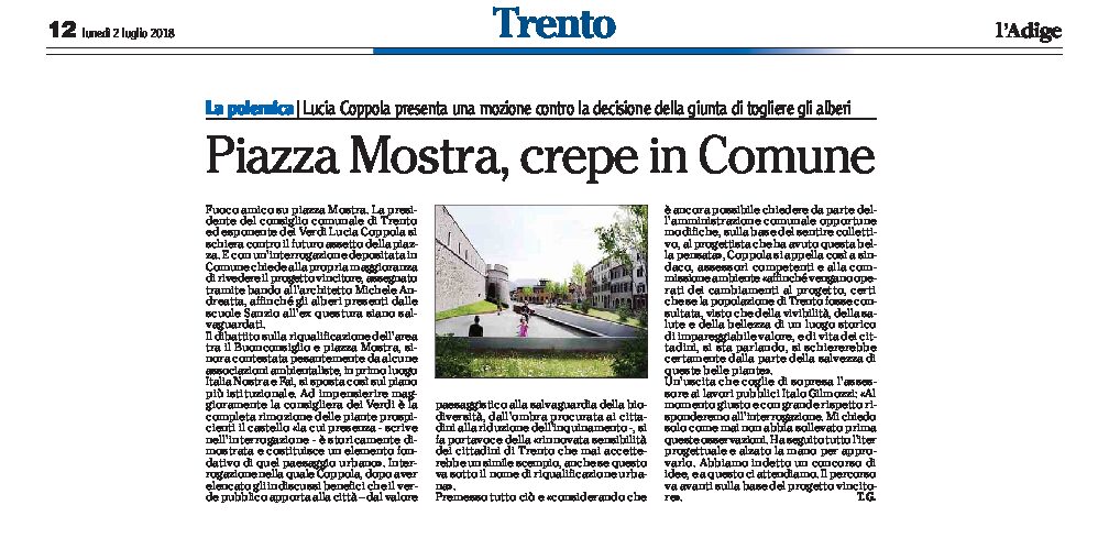 Trento, piazza Mostra: Lucia Coppola presenta una mozione contro la decisione della giunta di togliere gli alberi