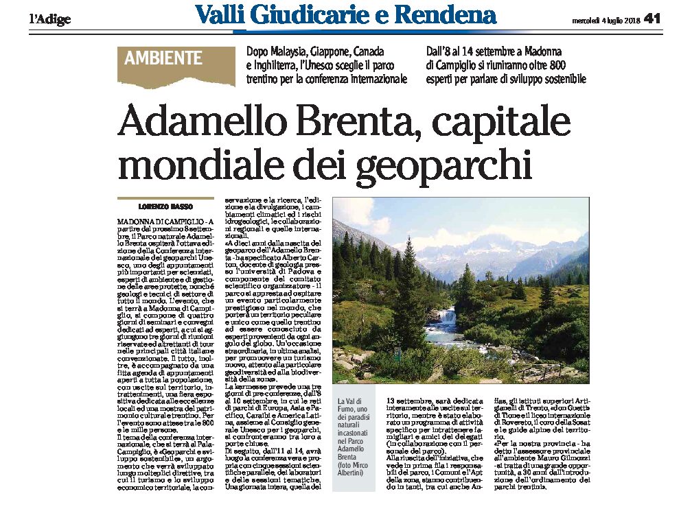 Adamello Brenta: capitale mondiale dei geoparchi. Conferenza internazionale a Campiglio in settembre