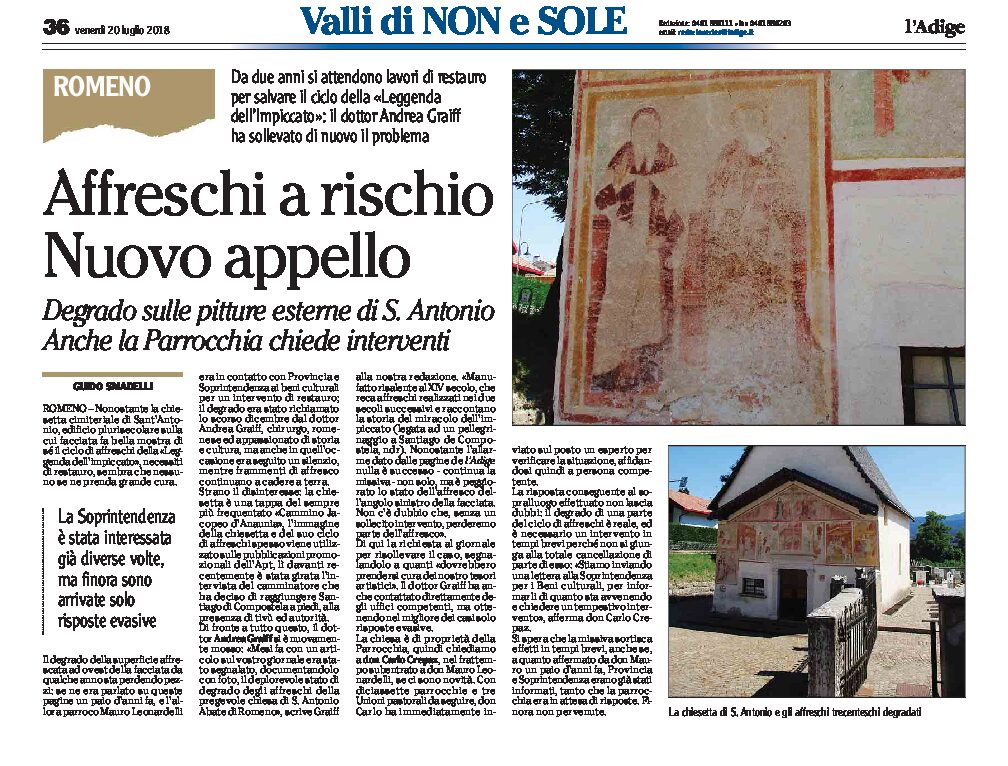 Romeno, chiesetta Sant’Antonio: affreschi esterni a rischio