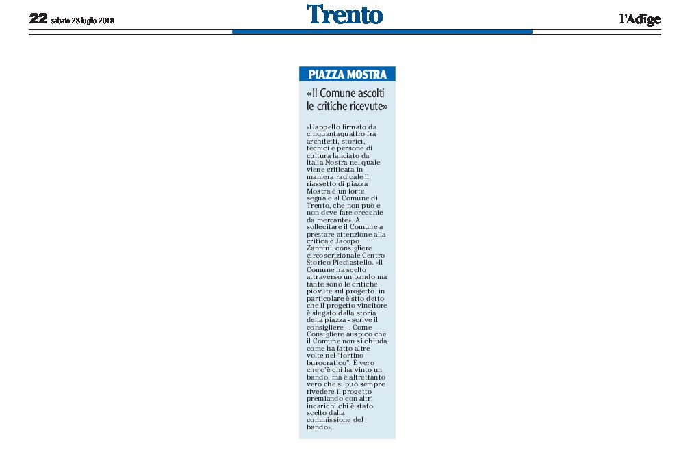 Trento, piazza Mostra: Zannini “il Comune ascolti le critiche” dell’appello di Italia Nostra