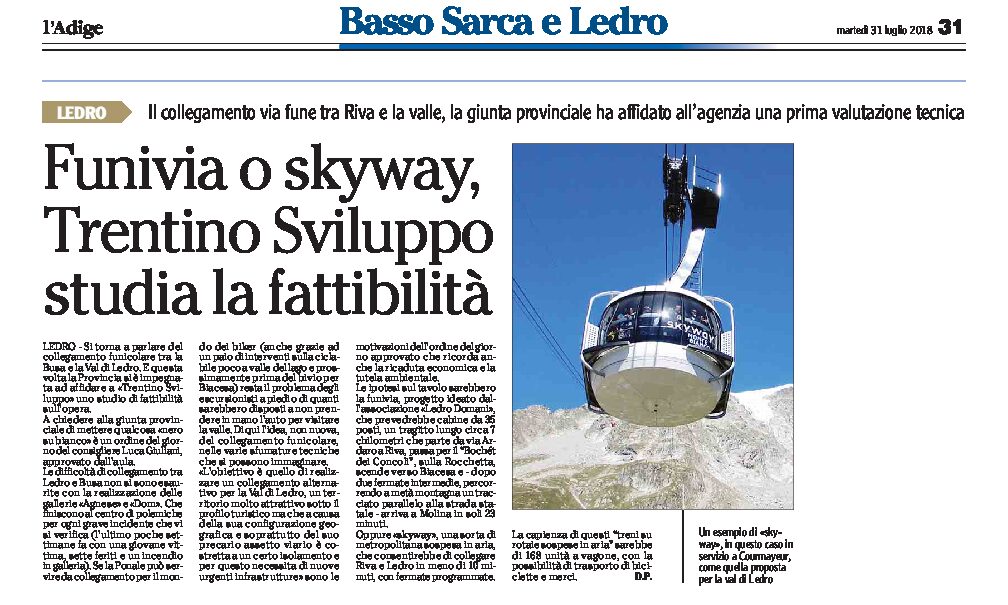 Riva-Ledro: Funivia o Skyway, Trentino Sviluppo studia la fattibilità