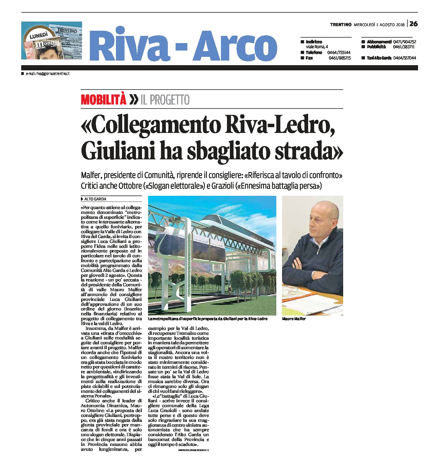 Riva-Ledro collegamento: Malfer “Giuliani ha sbagliato strada”