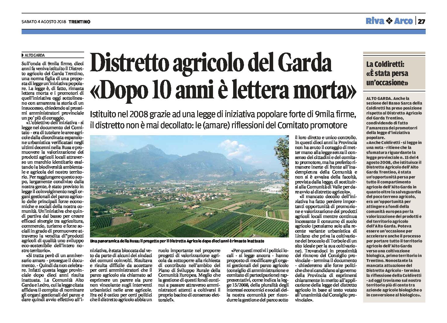 Alto Garda: Distretto agricolo del Garda Trentino “dopo 10 anni è lettera morta”