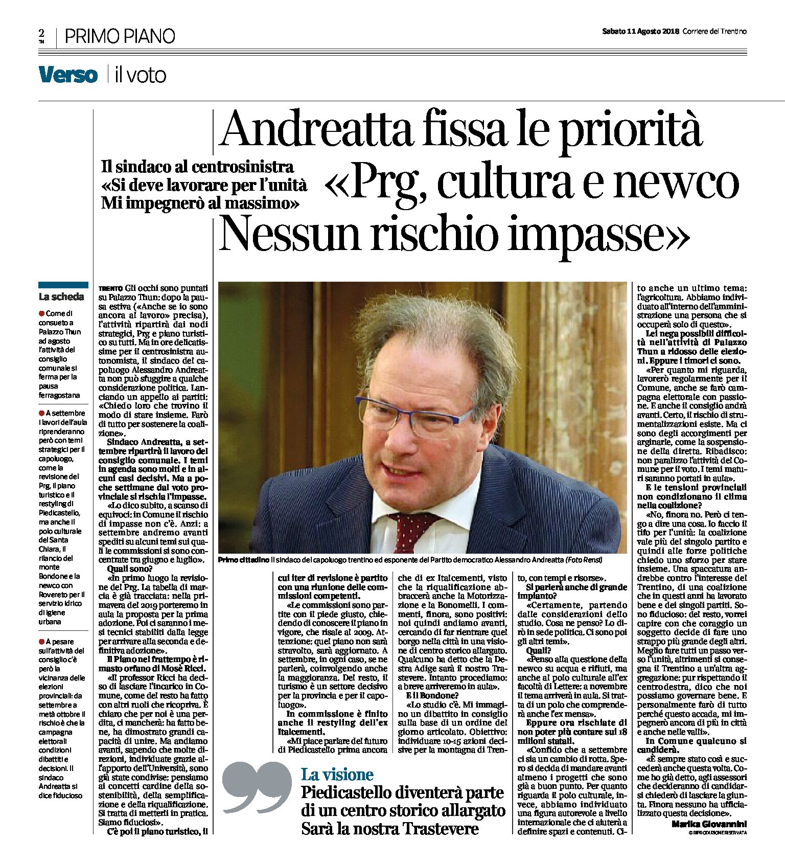 Trento: Andreatta fissa le priorità “Prg, cultura e newco. Nessun rischio impasse”