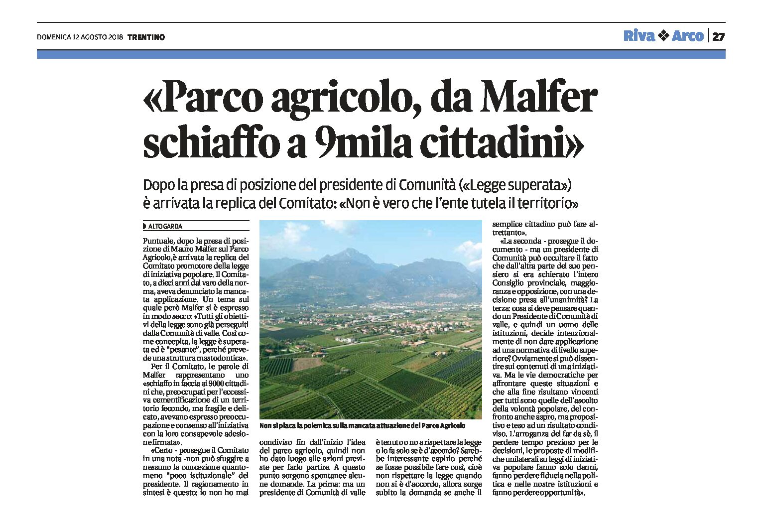 Alto Garda: Parco agricolo, da Malfer schiaffo a 9mila cittadini